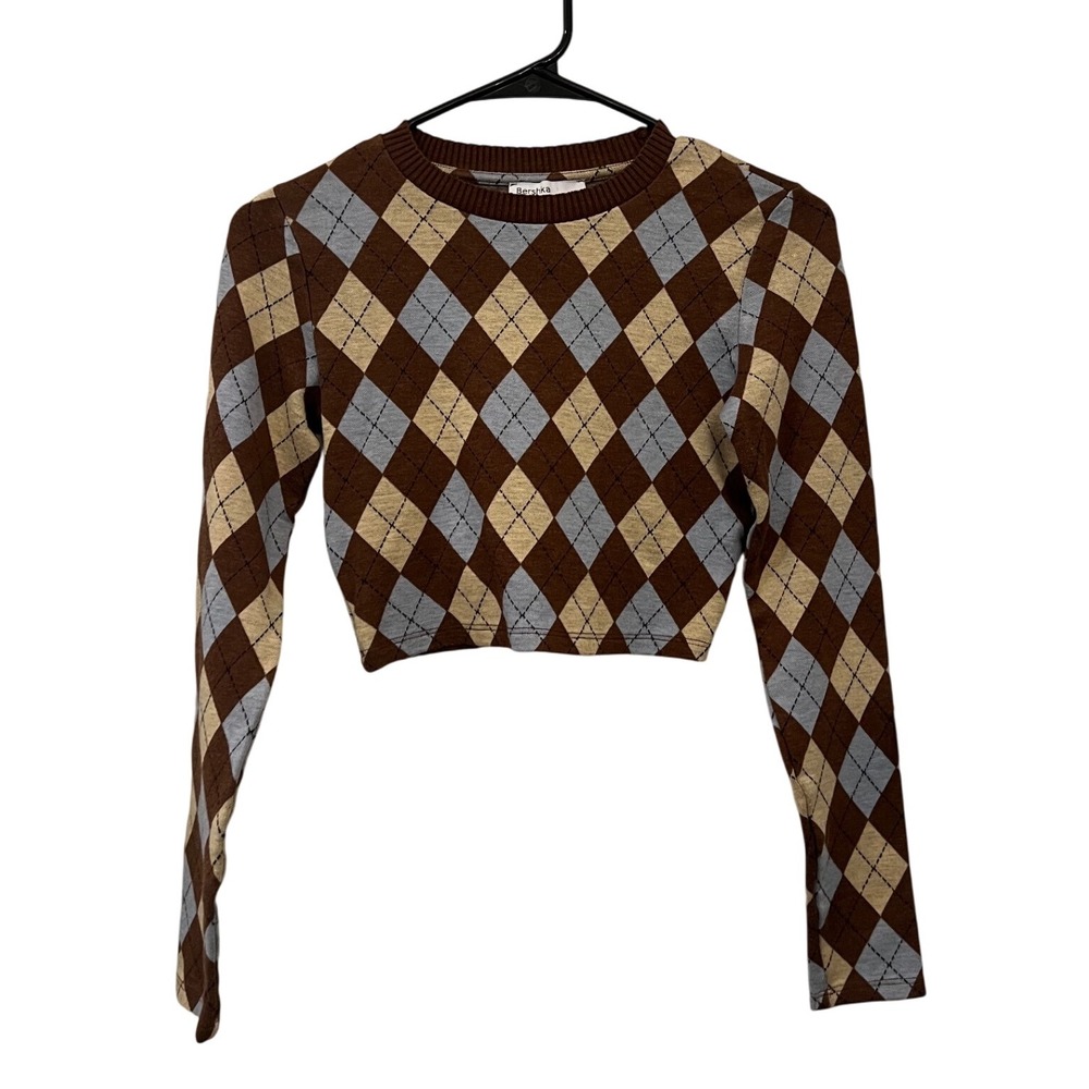 Bershka‎ Argyle Knit Crop Sweater Brown Blue
